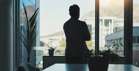 Thinking, window and back of businessman in office for proposal ideas, finance planning and problem...