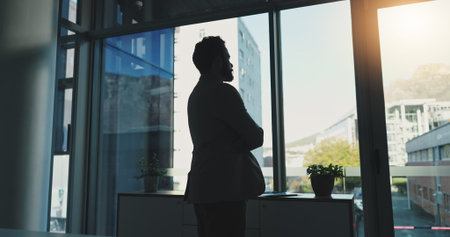 Thinking, window and businessman in office for proposal ideas, finance planning and problem solving....