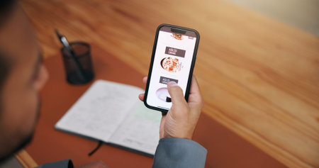 Businessman, hands and phone screen for food delivery order with online menu, takeout and hungry....