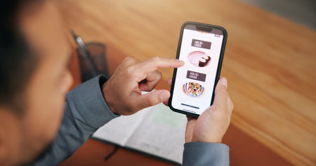 Businessman, hands and phone screen for food order with online menu, meal option and lunch break....