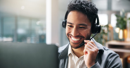 Call center, headset and businessman in office for customer service, crm or help desk communication....