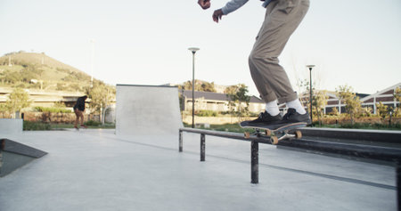 Man, skateboard and stunt in city, railing and fitness with trick, training and extreme sports....