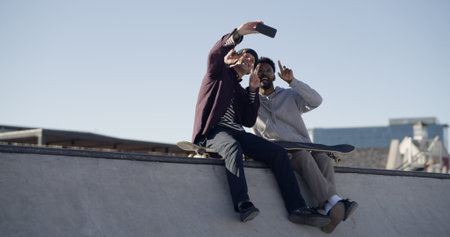 Men, friends and selfie on ramp at skate park, smile or hug with sky, memory and web post in town. People, embrace and happy skater with photography, low angle and extreme sports on social networkの写真素材