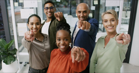 Portrait, business people or pointing to you in workplace to select option for onboarding or...