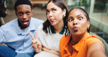 Selfie, goofy and portrait of people in office for team building, bonding or meeting together....