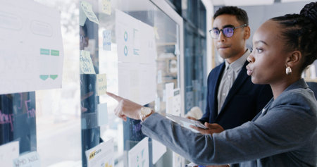 Documents, sticky note and presentation with business people in meeting for research, data chart and...