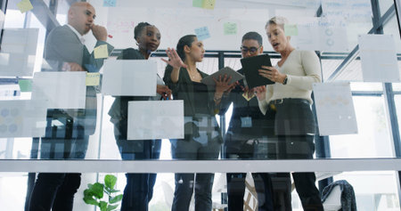 Documents, team and scrum with business people in meeting for research, technology and sales...