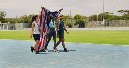 Woman, winner and USA flag on track for competition, excited or success with goal at global sports...