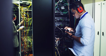 Database, inspection and tablet with IT professional in server room for cybersecurity support. App,...