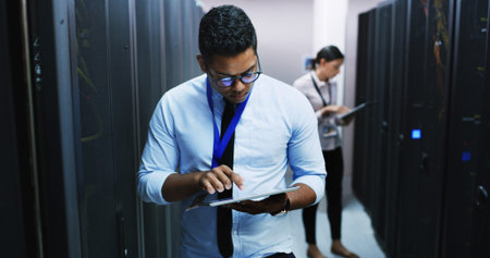 Inspection, maintenance and tablet with man in server room for cybersecurity support. App, database...