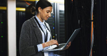 Inspection, maintenance and woman with laptop in control room for technical support in office....