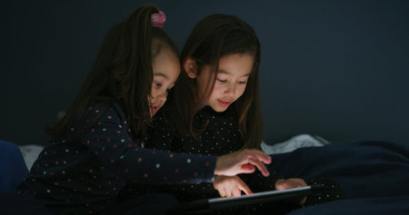 Relax, tablet and kids in bedroom for movie, film or video on app for entertainment together....
