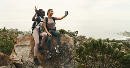 Girl, friends and hiking with selfie on mountain, excited and memory with peace sign in nature. Women, happy and photography for profile picture, trekking or social network for adventure in summerの写真素材