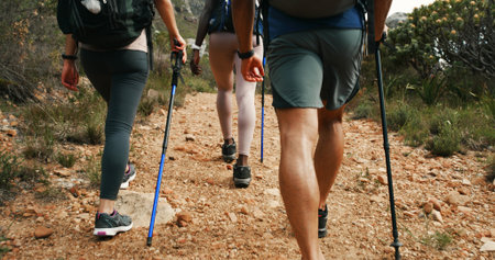 Friends, legs and group on mountain for countryside, travel or adventure to explore nature. Fitness, people and journey with natural environment for hiker, exercise hobby and bonding togetherの写真素材