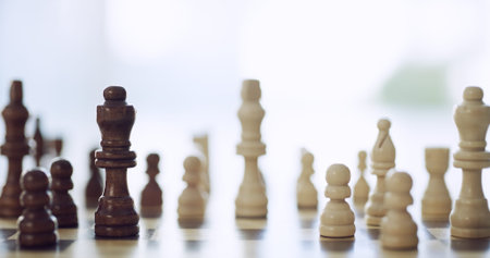 Closeup, piece and chess games with board for contest plan, win strategy and professional...