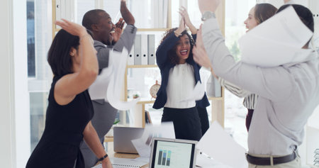 Business people, success and throw paper for finance, high five and applause for goals at company....