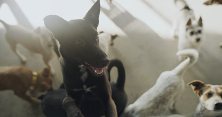 Dog adoption, pets and group for foster care, health and growth in rescue kennel. Animal shelter,...