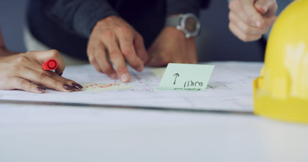 Meeting, engineering or hands of people with floor plan for project, building layout or teamwork....