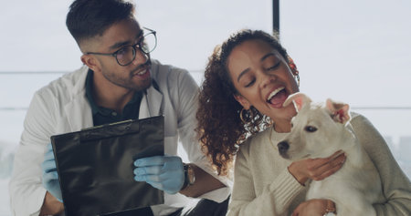 Smile, veterinary and dog with woman in clinic for appointment, support and pet care. Animal welfare, medical treatment and help with man and puppy for checkup, diagnosis and healthcare togetherの写真素材