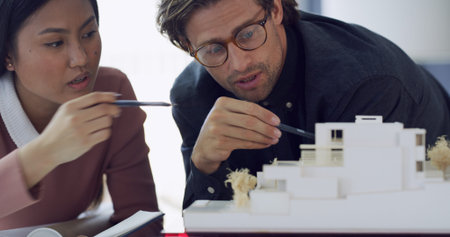 Architecture, planning or teamwork for 3D model of building review in office for construction...