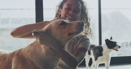 Happy woman, dog or volunteer with pet for animal shelter, welfare or NGO charity in home. Female...