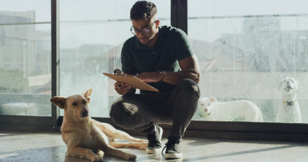 Clipboard, adoption center and man with dog for owner application, report and pet information....