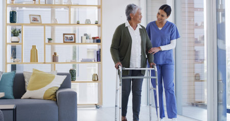 Women, nurse and senior patient with walker for muscle recovery, physiotherapy in retirement home....