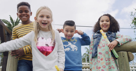 Portrait, happy kids and friends laughing at playground with bubble toys, funny face and goofy....