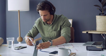 Floor plan, drawing and architect with headphones, blueprint and engineer in office. Laptop, podcast...