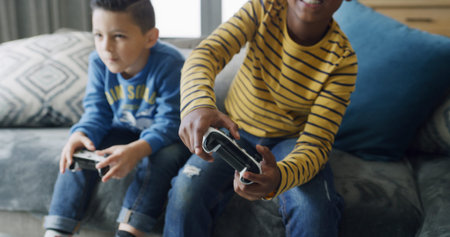 Video games, friends and boys on sofa with controller for playing, fun and online entertainment...