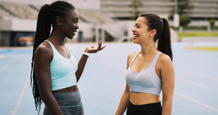 Talking, women and athlete on track for break, exercise or fitness for laughing or teamwork. Relax,...