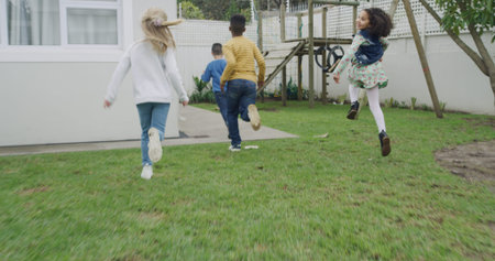 Happy, friends and children at playground running for having fun, bonding and playing together....