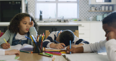 Bored, tired and kids for education at house for learning, group project and homework burnout....