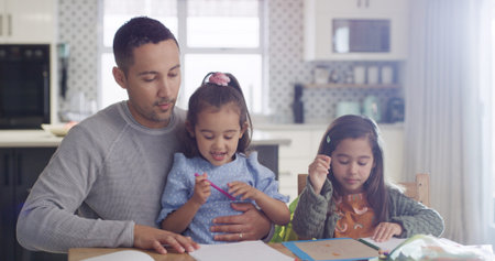 Father, helping and children for education at house for learning, drawing sketch and homework. Man,...