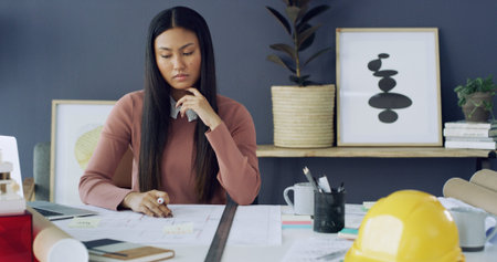 Thinking, architect and woman with blueprint, office and ideas for architecture project or creative....