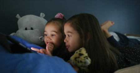 Relax, night and tablet with kids in bed for streaming, education games or bonding. Learning...