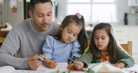 Drawing, paper and dad with girls in home for learning colors, creative activity and homework...