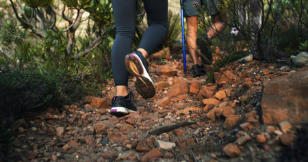 Hill, legs or people in nature for trekking journey, outdoor adventure or hiking shoes. Trail,...