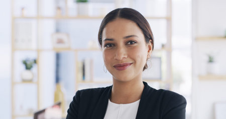 Portrait, confident and woman with smile, office or opportunity for experience, intern and law firm....