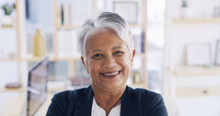 Portrait, smile and mature woman in office, accountant or happy for investment opportunity or pride....