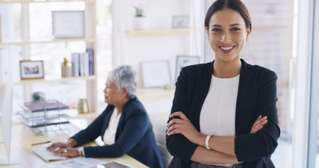 Portrait, intern and woman with arms crossed, law firm or opportunity for experience, smile or...