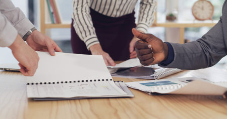 Office, meeting and hands of business people with paperwork for planning finance review or strategy....