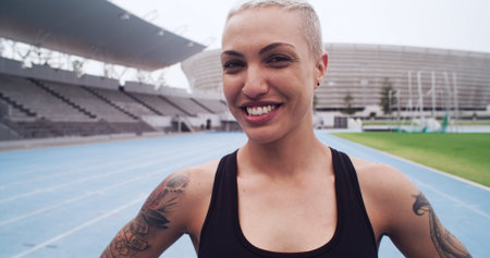 Athlete, portrait and woman smile at stadium for sport training, workout and wellness. Happy, female...
