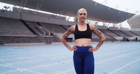 Athlete, portrait and sports woman at stadium for training break, workout and wellness. Space,...