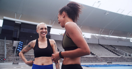 Woman, athlete and talk on track at stadium with smile, listen and team with motivation for fitness....