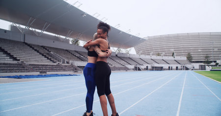 Exercise, women and celebration with hug in stadium for workout, marathon race or running. Athlete friends, smile and outdoor challenge for fitness goals, teamwork or support for cardio achievementの写真素材