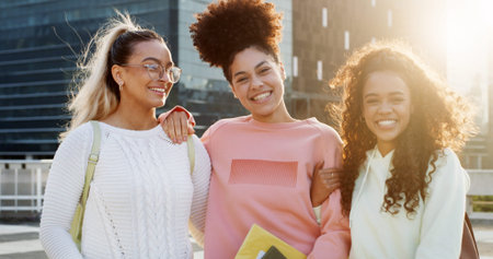Portrait, smile and women in city for college education, school or learning with students. Happy...
