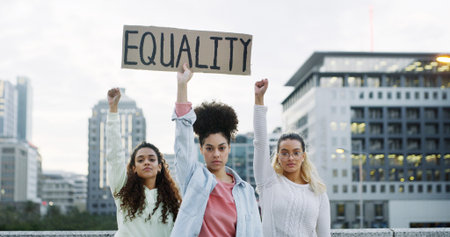 Portrait, people and fist with protest poster for equality, human rights and social justice. Women,...