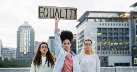 Portrait, people and protest poster in city for equality, human rights and social justice. Woman,...