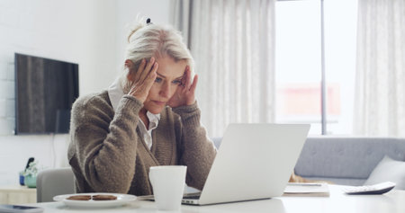 Home, headache and old woman with laptop, frustrated and financial mistake with subscription error....